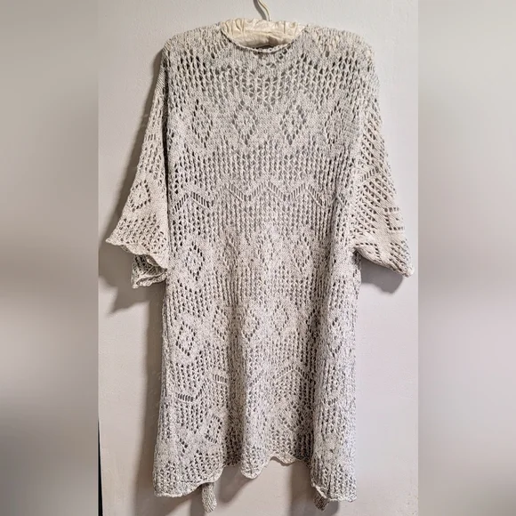 Boho Chic Open Work Knit Chrochet Lace Pattern Duster Long Cardigan Cozy Casual - Picture 4 of 7